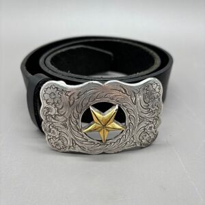 Fossil Black Leather Western Belt Mens S Silver Floral Star Buckle 1.5" Wide
